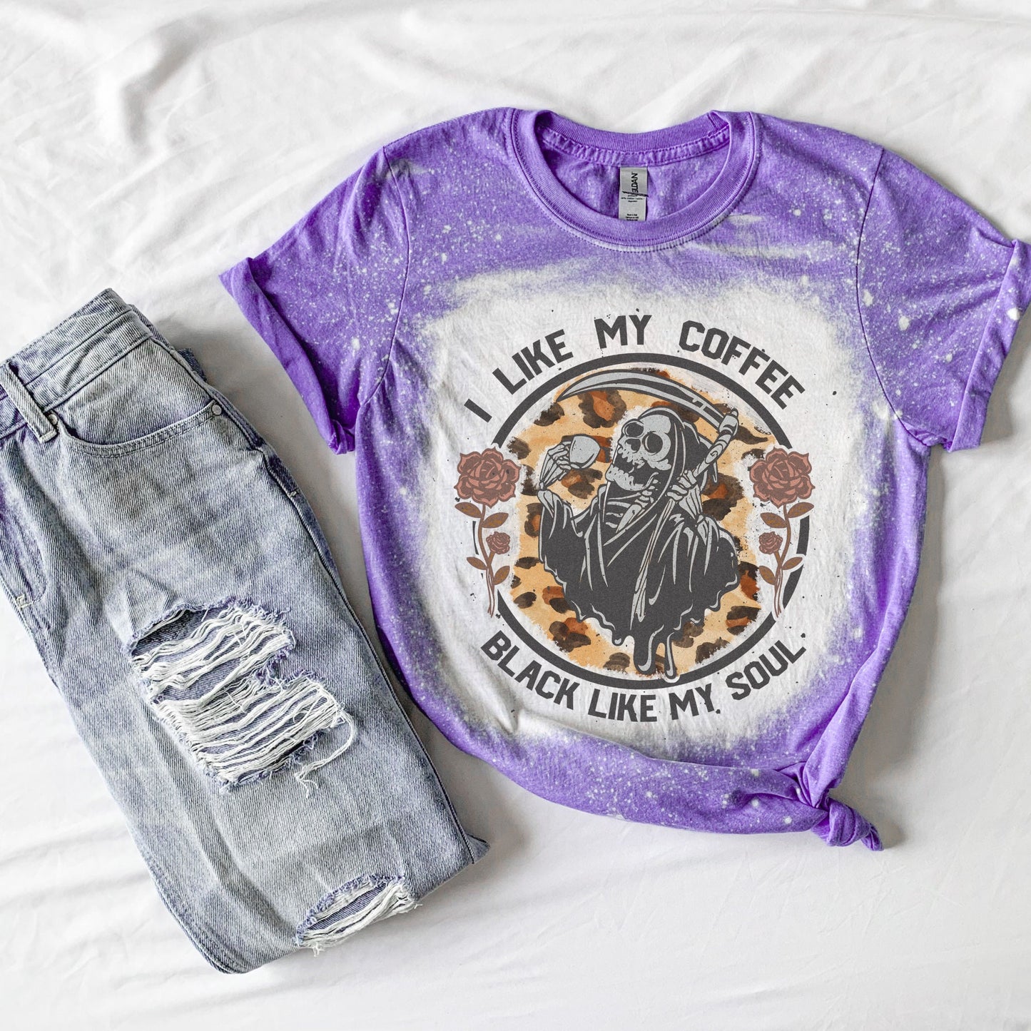 I Like My Coffee Black Like My Soul Bleached T-Shirt - Gothic Grim Reaper Tee - Sassy Coffee Lover Shirt