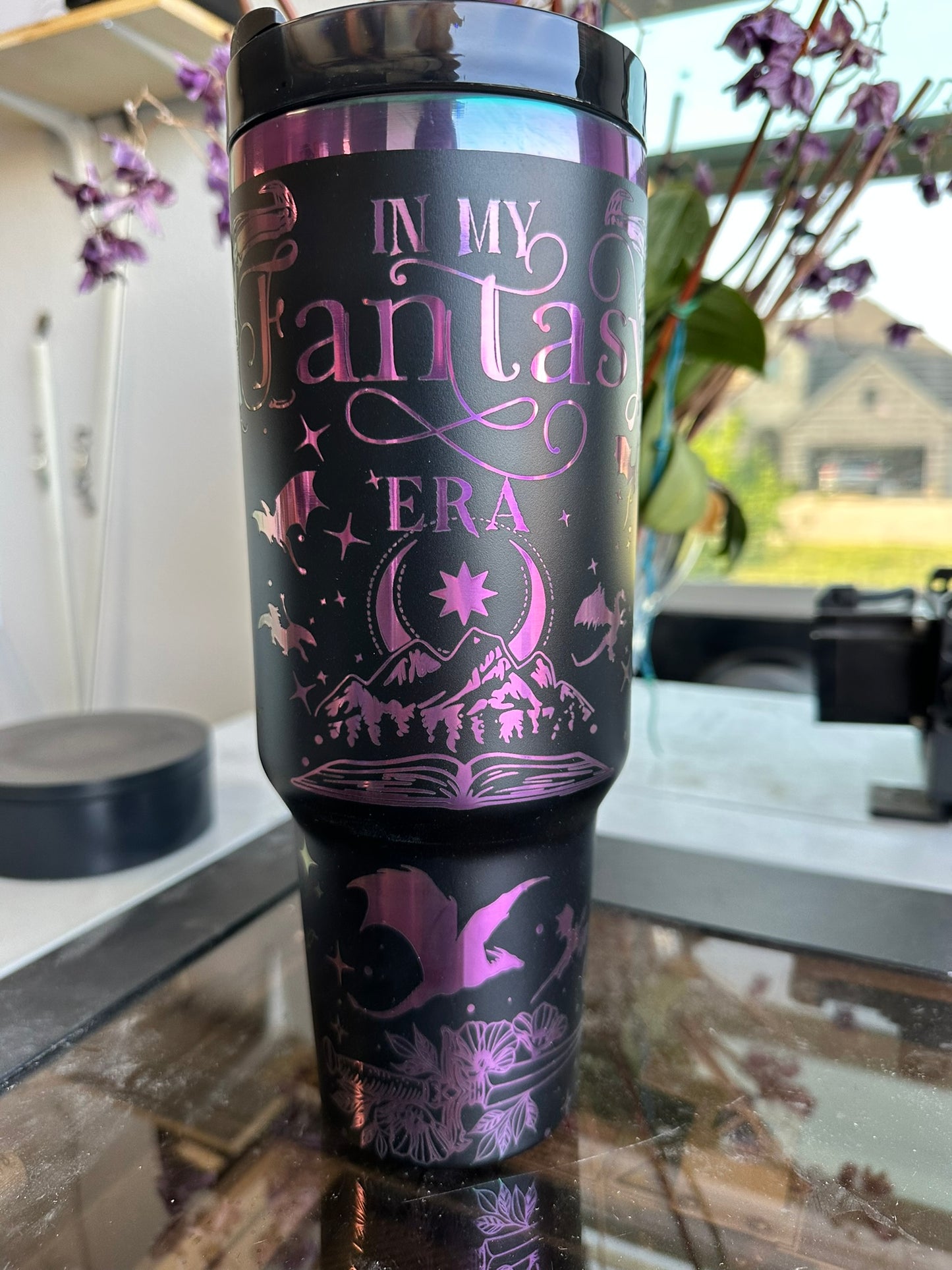 Fantasy Era Dragon Tumbler | 40oz Holographic Reading Cup | Bookish Gift | Handmade Laser-Engraved Design