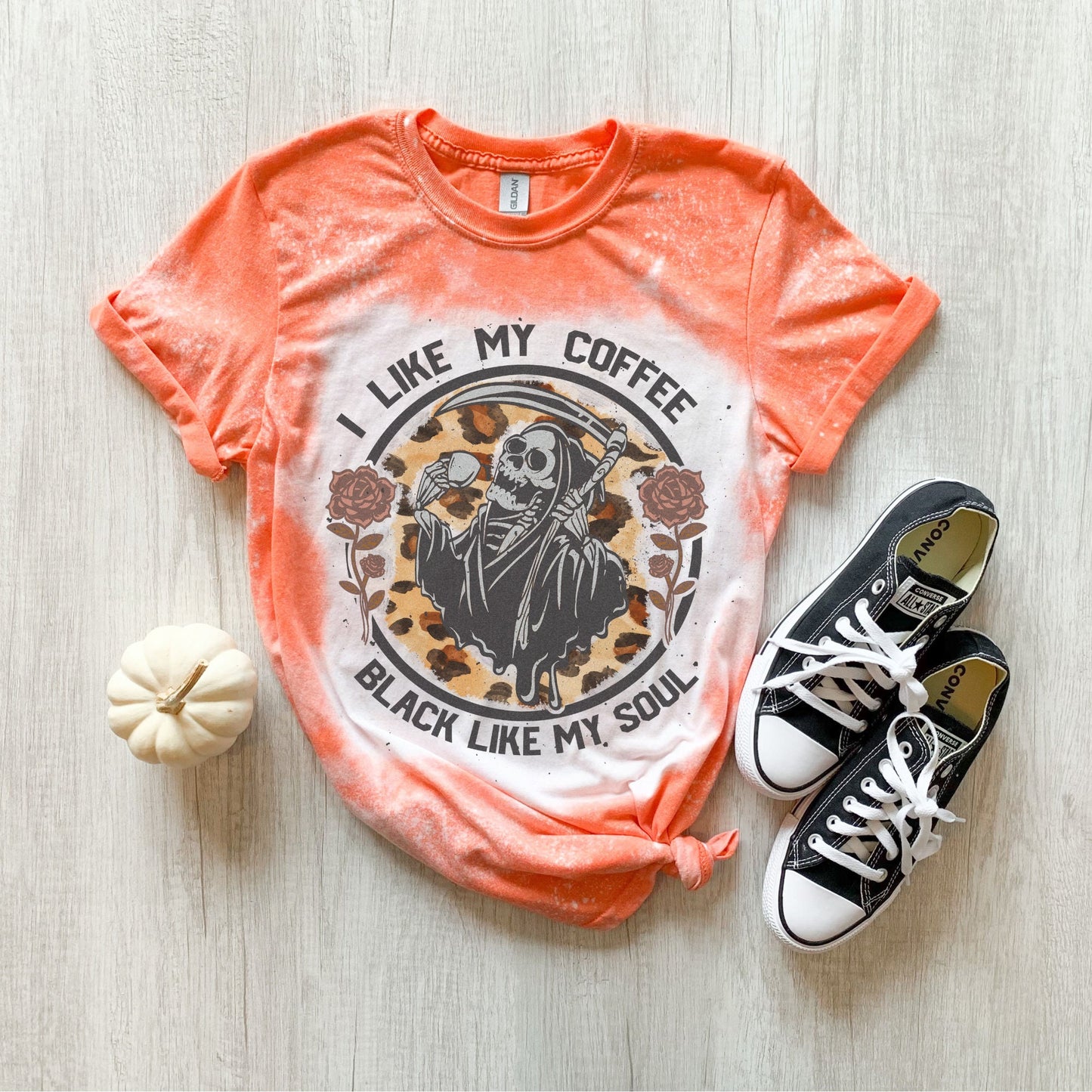 I Like My Coffee Black Like My Soul Bleached T-Shirt - Gothic Grim Reaper Tee - Sassy Coffee Lover Shirt
