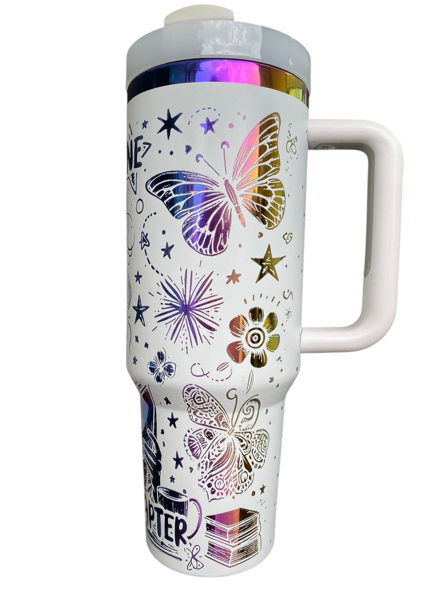 Butterfly Book tumbler- Just One more Chapter Tumbler - Book Community Custom Engraved Cup - 40oz tumbler with handle - Reading Theme