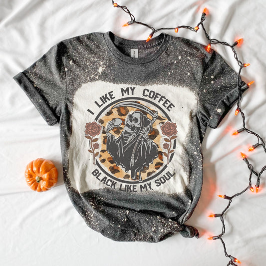 I Like My Coffee Black Like My Soul Bleached T-Shirt - Gothic Grim Reaper Tee - Sassy Coffee Lover Shirt