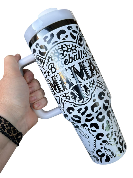 Baseball Mama Personalized Tumbler | Cheetah Print with Custom Name | Laser-Engraved Sports Mom Gift