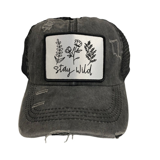 Stay Wild Hat - Wild Flower Floral Baseball Cap - Gardener Gift - Plant Lover Gift - Plant Hat - Distressed Cap - High Ponytail Hat